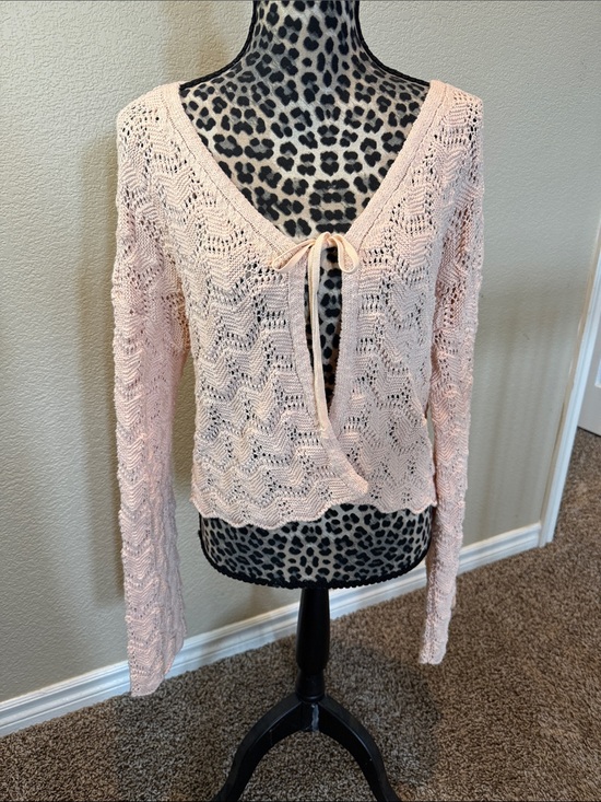 Sugar Moon Sweaters - Women’s Open Knit Tie-Front Sweater Cardigan - Light Pink